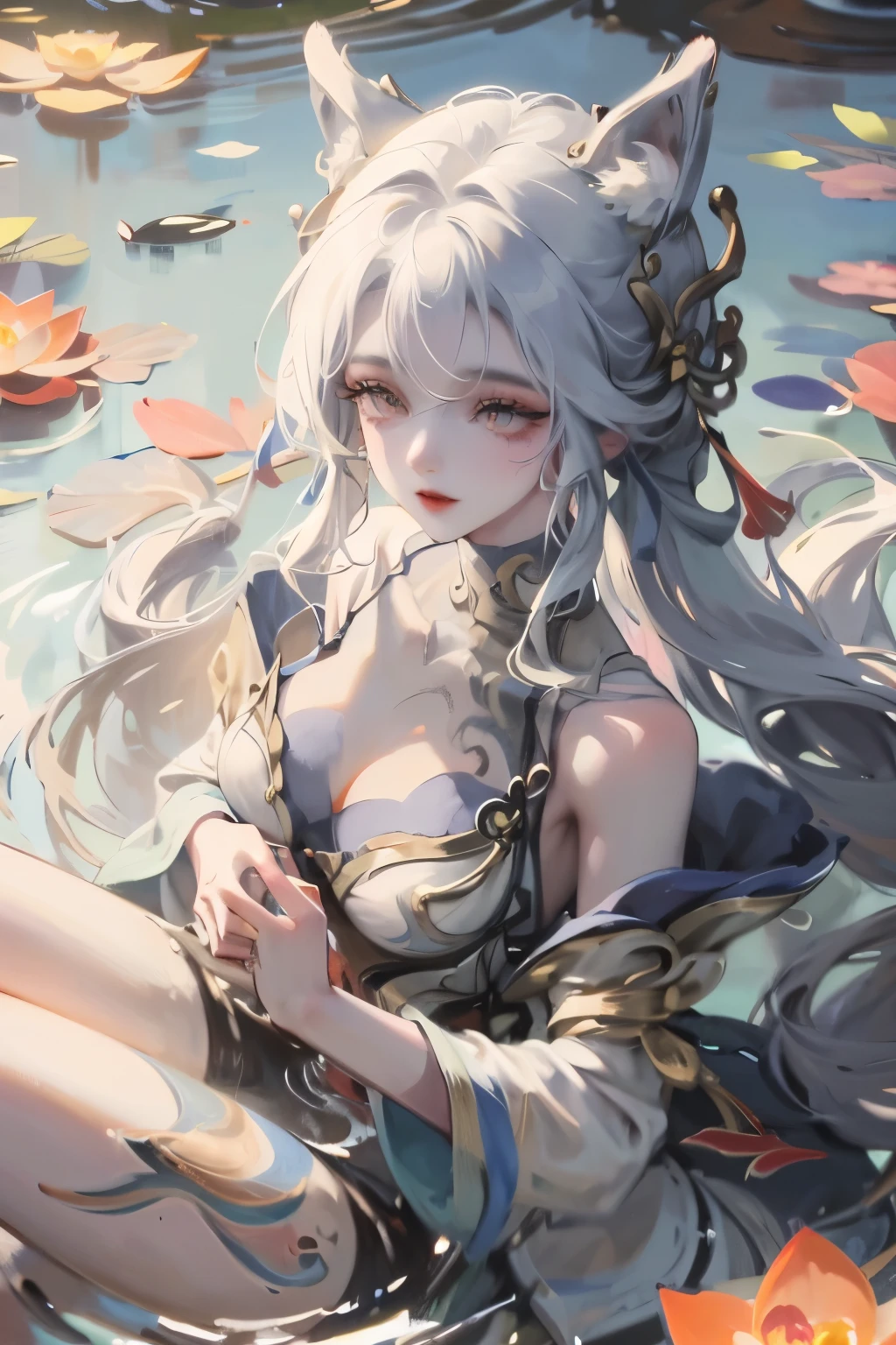 absurd, high resolution, Extremely detailed, (1 Girl:1.3), Hand Painted, Simple lines, 1 girl wearing colorful Chinese Hanfu, Sexy fox ears girl, By the lotus pond, masterpiece, sitting in water, Floating clothes, Flowing hair