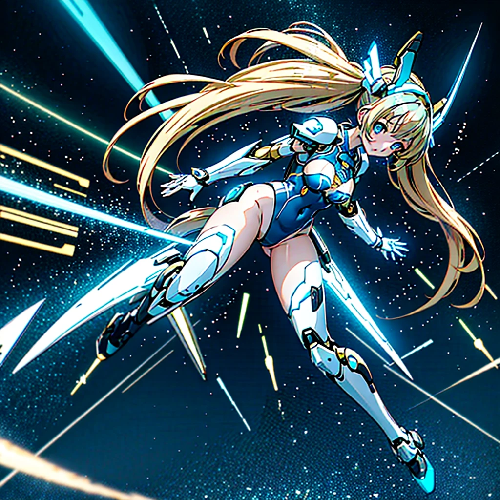 masterpiece, high quality, Minami Kotori, who has been turned into a mechanical body cyborg、Gynoid cyborg body modification surgery、mechanical parts、Blue and white leotard armor、solo focus、Single image、from front, full body、Mechabare、The body cover is open, exposing the precision machinery.、Black background