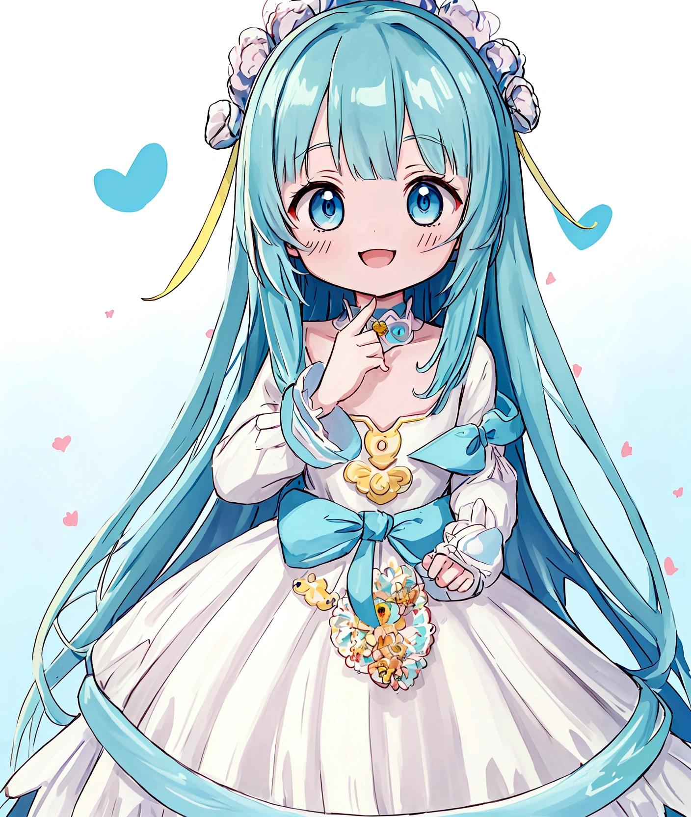 One person、,Baby Face, ((Anime Girls)),　body color is green、Light blue long hair、White dress、、Flat chest、Very detailed, ((masterpiece, Highest quality;1.3)) , An innocent smile、laughing、whole body