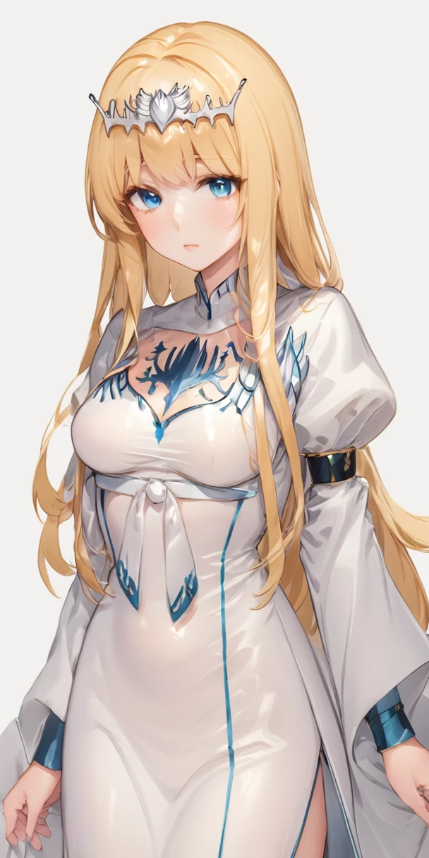 masterpiece,ultra-detailed,best quality,8K,illustration,simple background,,clean skin ,shiny hair,girl,ultra-detailed-eyes, jyojifuku, pajamas,wool,  1girl,solo, calca, blonde hair, ,( extremely long hair:1.3), very long hair, extra long hair, white tiara, white dress, blue eyes,Calca Bessarez, medium breast,Calca