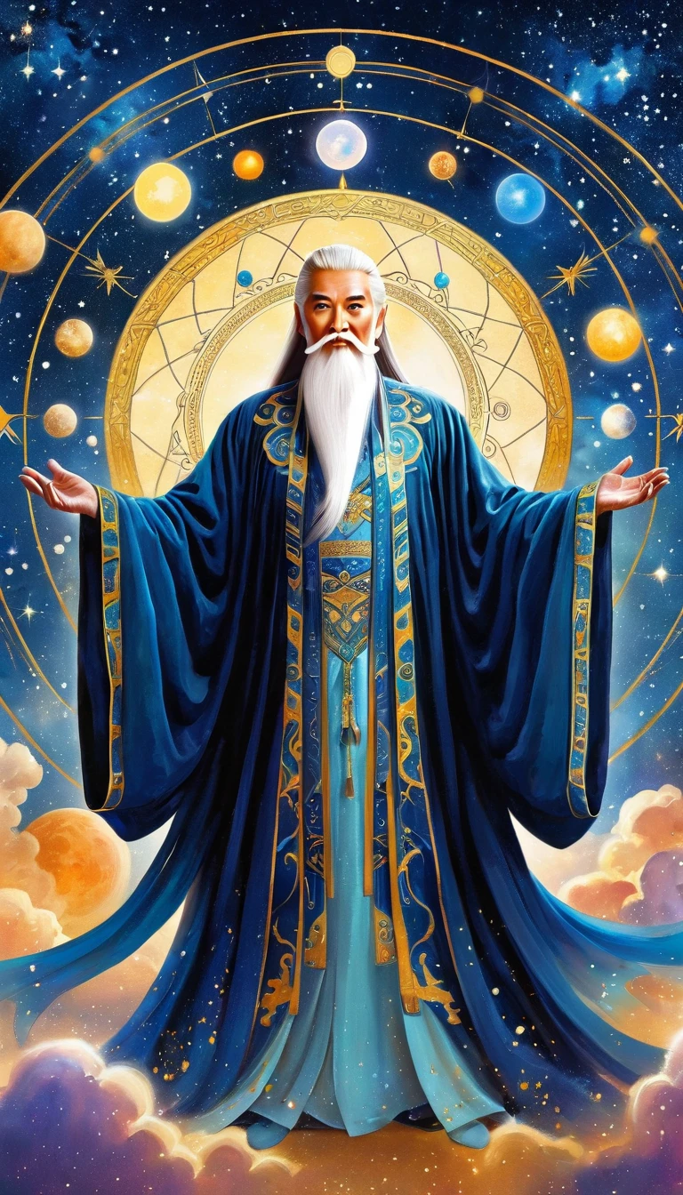 Oriental Fortune Teller，The old immortal on the top of the stars，Elders，White beard and long white eyebrows，Black loose hanfu robe，Wear a top hat，Open your arms，Looking at the stars，Galaxy Tai Chi Bagua Diagram，artistic conception，large quantities of，Runes，发光Runes和星星，Dark background
