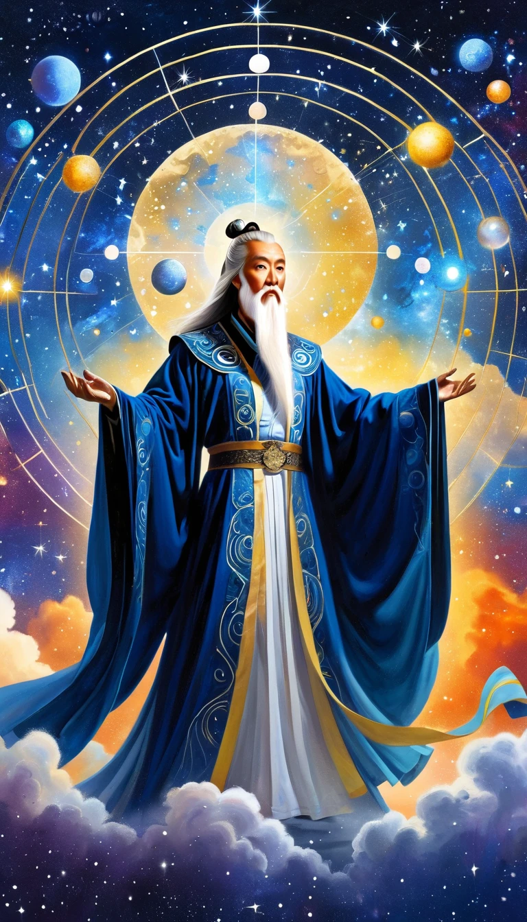 Oriental Fortune Teller，The old immortal on the top of the stars，Elders，White beard and long white eyebrows，Black loose hanfu robe，Wear a top hat，Open your arms，Looking at the stars，Galaxy Tai Chi Bagua Diagram，artistic conception，large quantities of，Runes，发光Runes和星星，Dark background
