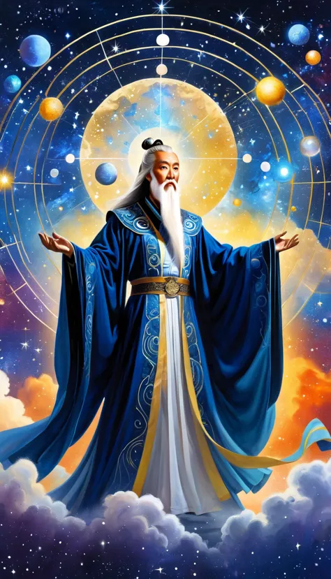 oriental fortune teller，the old immortal on the top of the stars，elders，white beard and long white eyebrows，black loose hanfu ro...