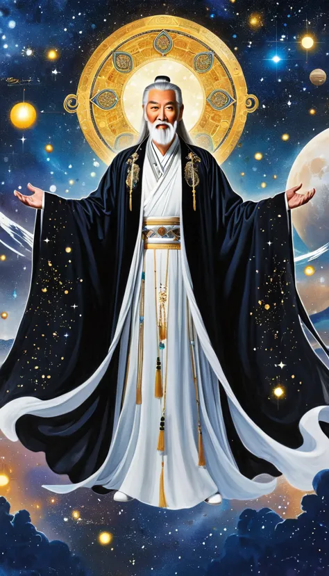 oriental fortune teller，the old immortal on the top of the stars，elders，white beard and long white eyebrows，black loose hanfu ro...