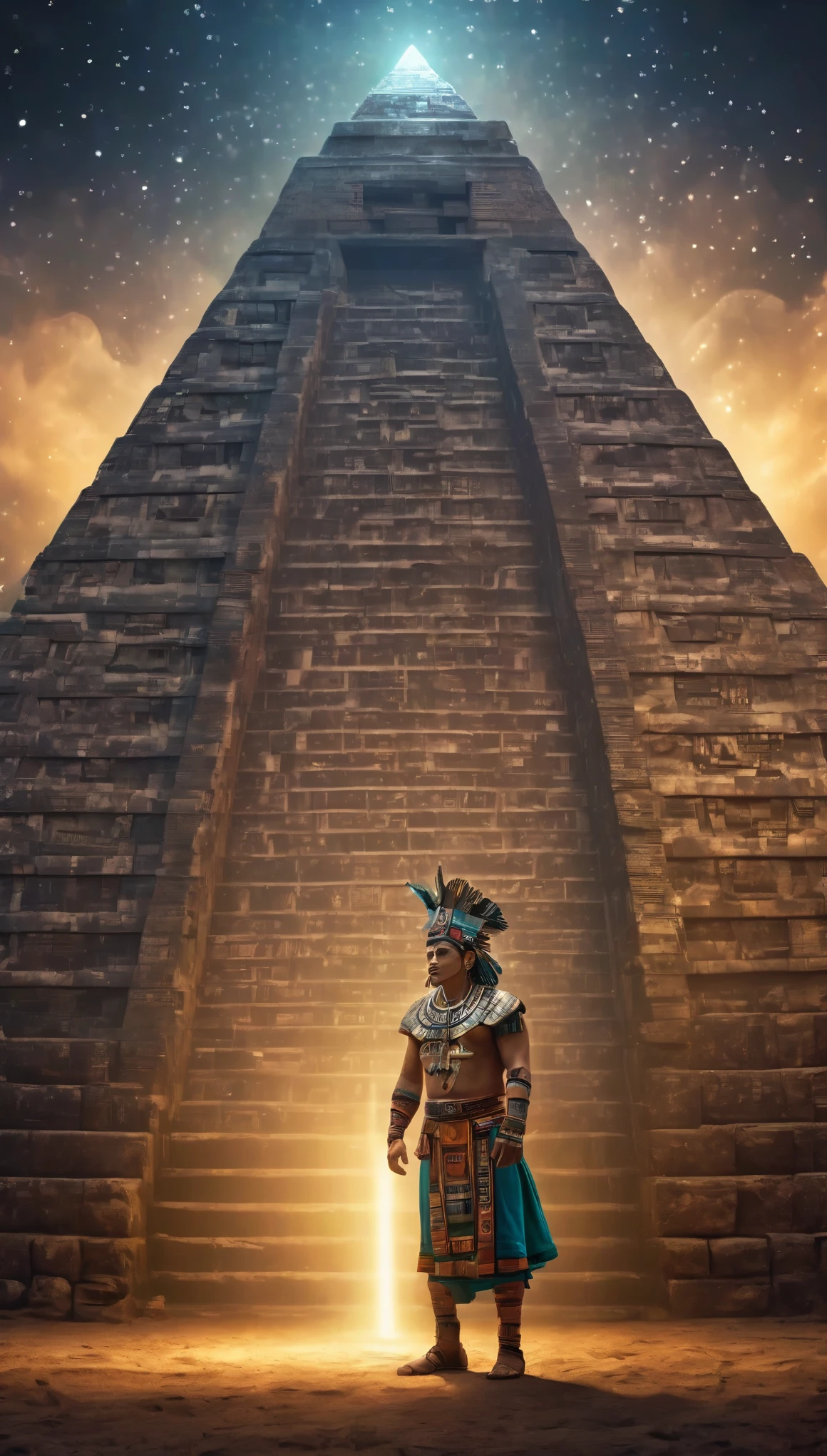 long shot full body, (((intricate Mayan astrology, a Mayan male astrologer, with his typical clothing, Mayan pyramid:1.5))), celestial stars, mystical, idyllic, magical, detailed portrait, dramatic lighting, cinematic, hyperrealistic, 8k , ultra detailed, photorealistic, award-winning digital art, vibrant colors, chiaroscuro, dramatic shadows, dramatic composition, volumetric lighting, atmospheric, dreamlike, surreal, visionary