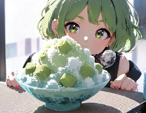 shaved ice in a glass bowl、matcha shaved ice、vanilla ice、a  stuffs her cheeks