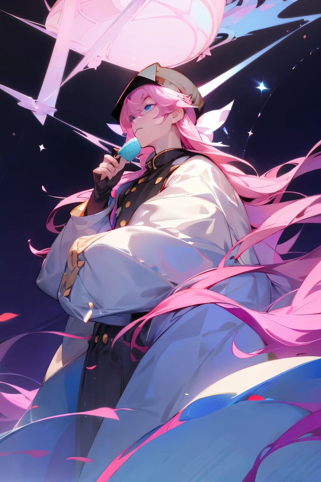 männlich with long pink hair, small Waffeltütenhut, 粉色和蓝色von衣服, blaue Augen, 严肃von表情, Dummkopf, von, Waffeltütenhut, groß rosa、Weißer und blauer Winter-Militärmantel, Kleiner hellbrauner Eistütenhut, Eiscreme-Thema, männlich