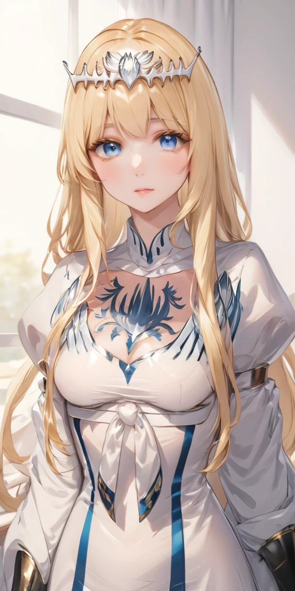 masterpiece,ultra-detailed,best quality,8K,illustration,,clean skin ,shiny hair,girl,ultra-detailed-eyes,simple background, cowboy shot, 1girl,solo, calca, blonde hair, ,( extremely long hair:1.3), very long hair, extra long hair, white tiara, white dress, blue eyes,Calca Bessarez, medium breast,Calca, in the luxurious room, day light