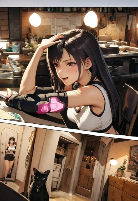 tifa_outfit，Comic board:2, daily life scenes，anatomy correct， masterpiece，ultraclear，hyper HD,the detail，beautiful
