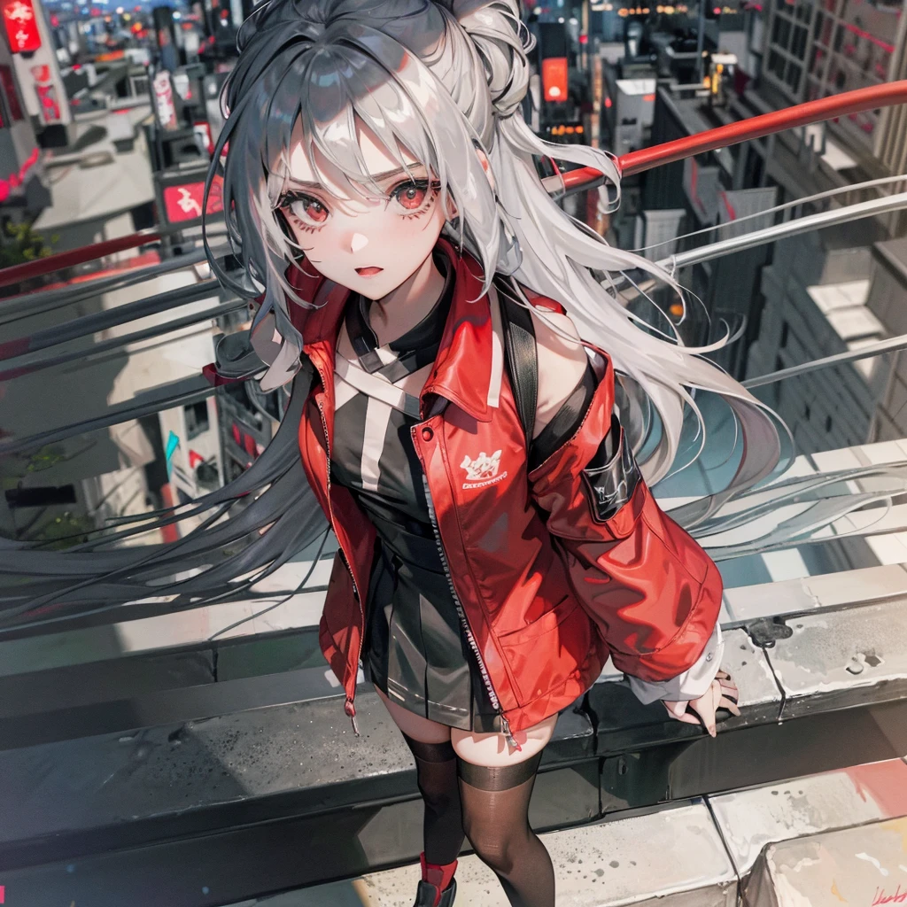 Girl, Long silver hair, red eyes, beautiful, wearing casual cloths, leaning on the edge, looking doen the city below, gloomy, thoughtful.