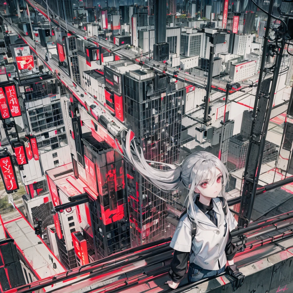 Girl, Long silver hair, red eyes, beautiful, wearing casual cloths, leaning on the edge, looking doen the city below, gloomy, thoughtful.