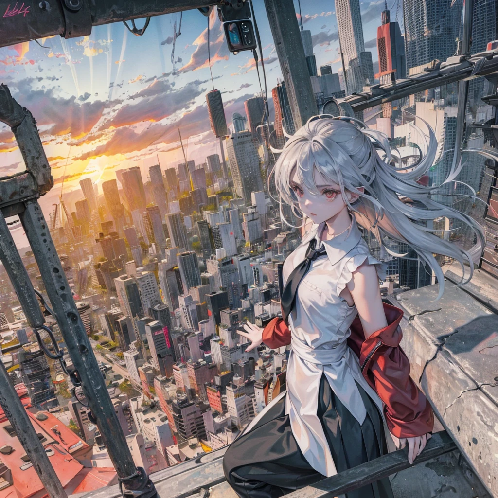 Girl, Long silver hair, red eyes, beautiful, wearing casual cloths, leaning on the edge, looking doen the city below, gloomy, thoughtful.