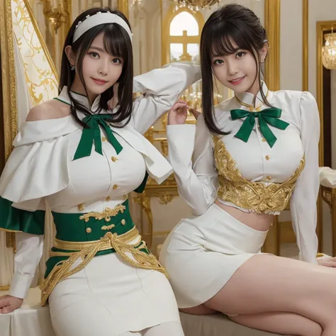 （elite , green, white and gold uniform, white skirt, white top, green ribbon, gold button, golden shoulder massage、ass、black hai...