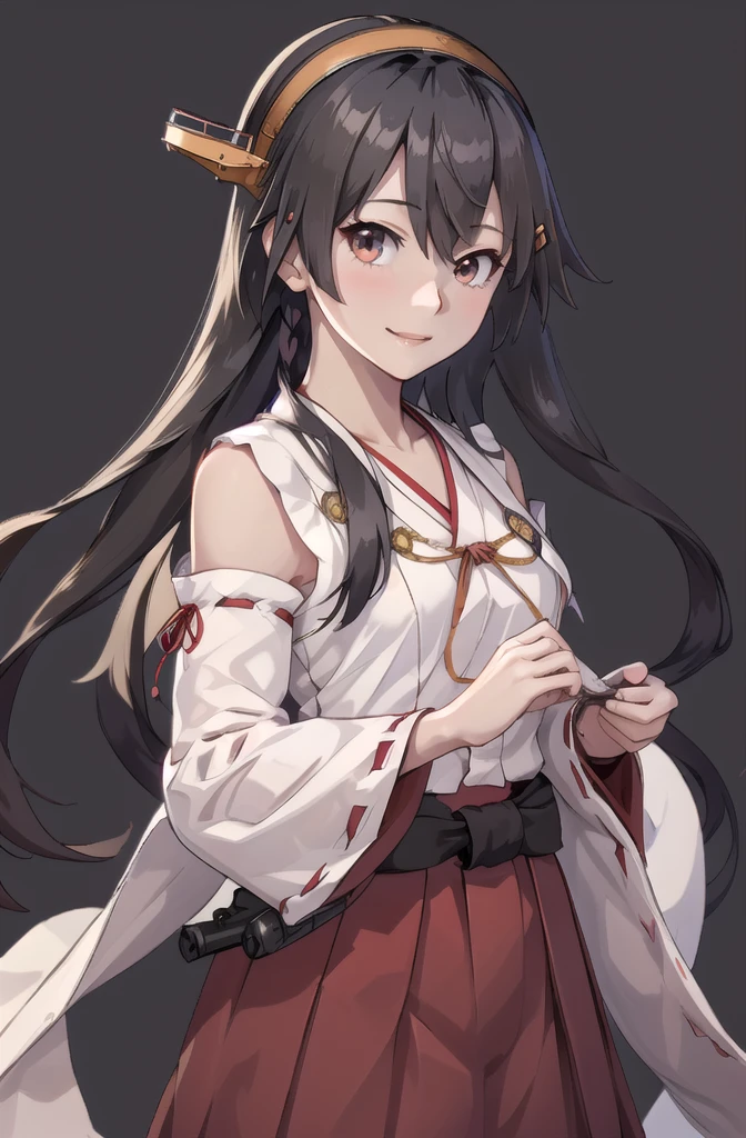 Highest quality, masterpiece, High resolution, 一人in, {Aaron_Kantai Collection:1.15}, black_hair, length_hair, hair_ornament, hairband, brown_eye, hairclip, red面, smile, headgear, chest, Non-traditional_Shrine maiden, hair_between_eye, One Girl, independent_sleeve, Japanese_Clothes, Looking_in_audience, red_skirt, ribbon-trimmed_sleeve, ribbon_trim, skirt, just_shoulder, Simple_background, white_background, Open_mouth, sarashi, wide_sleeve, ((オフィスbackground, リビングbackground))