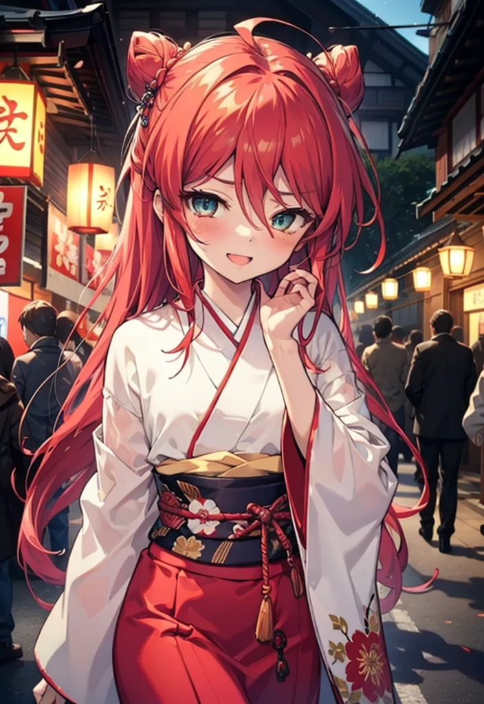 Shana,Shakugan no Shana,lange Haare, Rote Haare,rote Augen,ahoge,lächeln,erröten,Öffne deinen Mund,Haarknoten, single Haarknoten,erröten,Roter Kimono,Dicke Ärmel,roter langer Rock,日本のFestival,夏Festivalの屋台,Rote Laterne,Damit der ganze Körper in die Abbildung eingeht,gehen,　　　　　　　　　　　  brechen looking at viewer, Oberkörper (Cowboy-Schuss:1. 5),  　　　　　　　　　　　　　　　　　　brechen outdoors, Schrein,Festival, 　　　　　　　　　　　　　brechen (Meisterwerk:1.2), höchste Qualität, Hohe Auflösung, Einheit 8k Hintergrundbild, (Form:0.8), (Schöne und schöne Augen:1.6), sehr detailliertes Gesicht, Perfekte Beleuchtung, Hochdetaillierte CG, (perfekte Hände, Perfekte Anatomie),