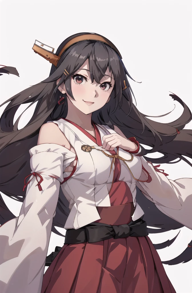 Highest quality, masterpiece, High resolution, 一人in, {Aaron_Kantai Collection:1.15}, black_hair, length_hair, hair_ornament, hairband, brown_eye, hairclip, red面, smile, headgear, chest, Non-traditional_Shrine maiden, hair_between_eye, One Girl, independent_sleeve, Japanese_Clothes, Looking_in_audience, red_skirt, ribbon-trimmed_sleeve, ribbon_trim, skirt, just_shoulder, Simple_background, white_background, Open_mouth, sarashi, wide_sleeve, ((オフィスbackground, リビングbackground))