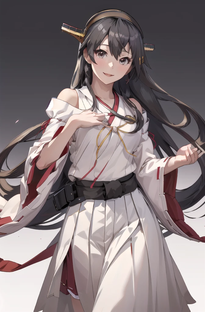 Highest quality, masterpiece, High resolution, 一人in, {Aaron_Kantai Collection:1.15}, black_hair, length_hair, hair_ornament, hairband, brown_eye, hairclip, red面, smile, headgear, chest, Non-traditional_Shrine maiden, hair_between_eye, One Girl, independent_sleeve, Japanese_Clothes, Looking_in_audience, red_skirt, ribbon-trimmed_sleeve, ribbon_trim, skirt, just_shoulder, Simple_background, white_background, Open_mouth, sarashi, wide_sleeve, ((オフィスbackground, リビングbackground))