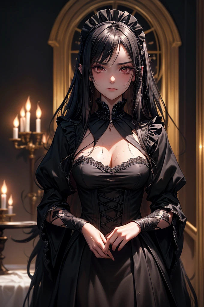 Always detailed face, Perfect lighting, Extremely detailed CG, (Perfect hands, Perfect Anatomy),Very detailed,　Long Hair Straight Hair、Dark Gothic Makeup、Dark smile、Restless Palace、Expression of sexual arousal、The beauty of fragrance、22 years old、liar、charm、Embarrassed look、Dark Gothic、Maid clothes、Bell Sleeves、Wizard Sleeve、Obscene language、Stained Glass Background、Tabletop、Highest quality、Sweat glistens on my chest、Drunk face、Maid clothesMysterious、noble、Gothic Fashion、The body is wet and shiny、I&#39;m sweating a lot、Large Breast Size、Loving smile、Twin tail hair、Platinum Blonde Hair、Jet black frill skirt、Shadow、Gothic bed covered with roses、Transcendental Enchantment is temporarily disabled、A pause in crawling、Charming legs、Knee-high socks、Thigh-high socks、lace trim bra, lace trim panties, pink lingerie, Lace-trimmed legwear, Black lace, Side tie panties, satin panties, garter belt, Good elevator, 　The whole body is covered in oil and has a glossy appearance.　Steam is coming out of my whole body　Steam like a sauna room fills the screen..　White breath from the mouth
