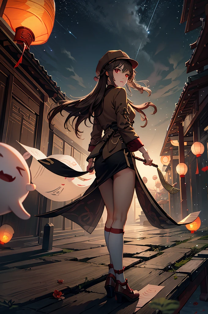 1 girl solo, brown jacket, long brown hair, red eyes, brown hat with red flowers, walking in a small medieval chinese town, old chinese buildings, chinese temple, ((at night, lots of paper lanterns glowing))