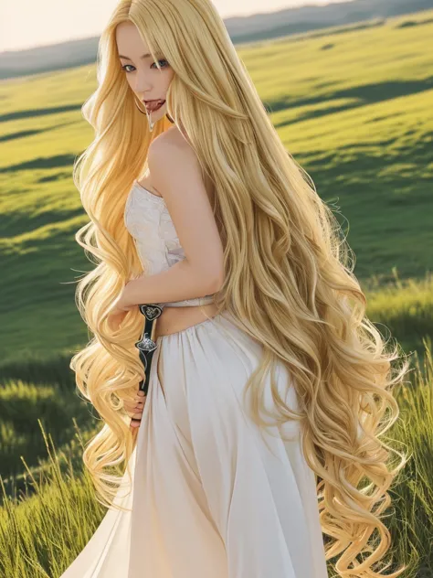 ((waist up shot))　(she is wearing a gorgeous white victorian dress..)　(this is a european meadow in the 16th century.:1.5)　(a go...