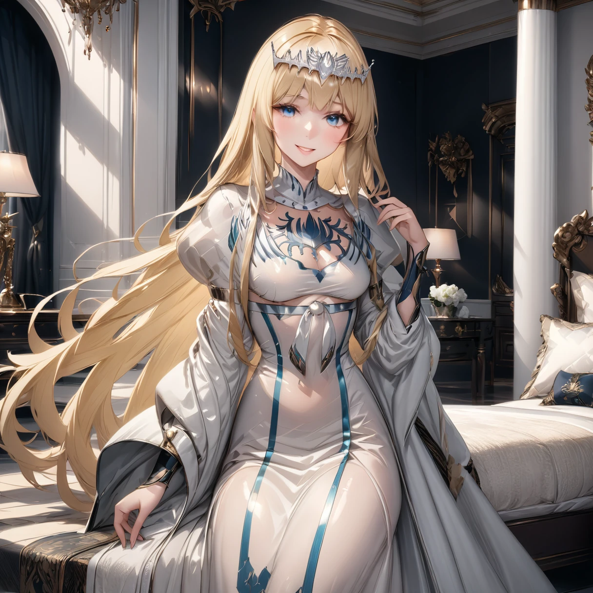 masterpiece,ultra-detailed,best quality,8K,illustration,clean skin ,shiny hair,
 1girl,solo, calca, blonde hair, ,( extremely long hair:1.3), very long hair, extra long hair, white tiara, white dress, blue eyes,Calca Bessarez, medium breast,Calca, indoor, luxurious bedroom, seductive smile