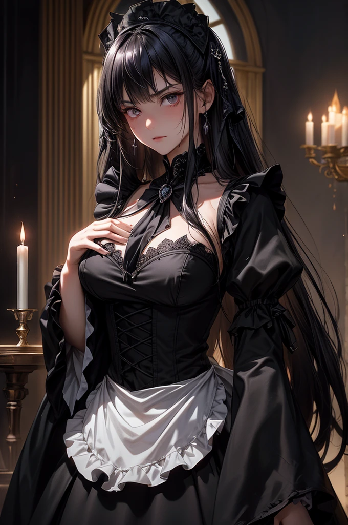 Always detailed face, Perfect lighting, Extremely detailed CG, (Perfect hands, Perfect Anatomy),Very detailed,　Long Hair Straight Hair、Dark Gothic Makeup、Dark smile、Restless Palace、Expression of sexual arousal、The beauty of fragrance、22 years old、liar、charm、Embarrassed look、Dark Gothic、Maid clothes、Bell Sleeves、Wizard Sleeve、Obscene language、Stained Glass Background、Tabletop、Highest quality、Sweat glistens on my chest、Drunk face、Maid clothesMysterious、noble、Gothic Fashion、The body is wet and shiny、I&#39;m sweating a lot、Large Breast Size、Loving smile、Twin tail hair、Platinum Blonde Hair、Jet black frill skirt、Shadow、Gothic bed covered with roses、Transcendental Enchantment is temporarily disabled、A pause in crawling、Charming legs、Knee-high socks、Thigh-high socks、lace trim bra, lace trim panties, pink lingerie, Lace-trimmed legwear, Black lace, Side tie panties, satin panties, garter belt, Good elevator, 　The whole body is covered in oil and has a glossy appearance.　Steam is coming out of my whole body　Steam like a sauna room fills the screen..　White breath from the mouth