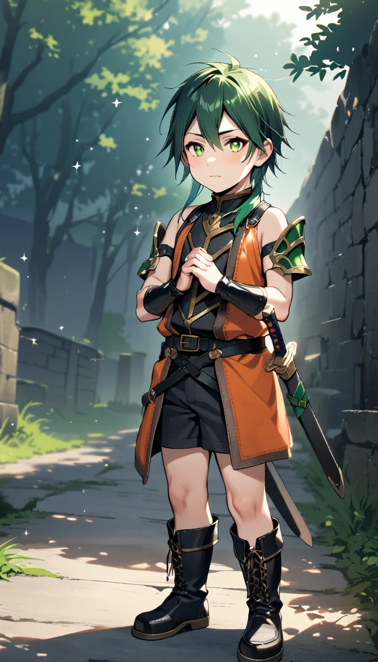 1boy, solo, male , toddler, 1boys is 17 years old, hair, long hair, green eyes,  bikini armor, bare shoulders, gloves, boots, sword, own hands together, legs apart, standing, scabbard, sheath, sheathed, BREAK male focus, fantasy, outdoors, sparkle,