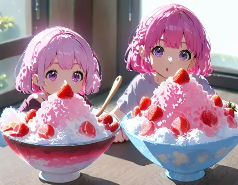 shaved ice in a glass bowl、strawberry shaved ice、vanilla ice、two little sisters stuff their mouths with wooden spoons