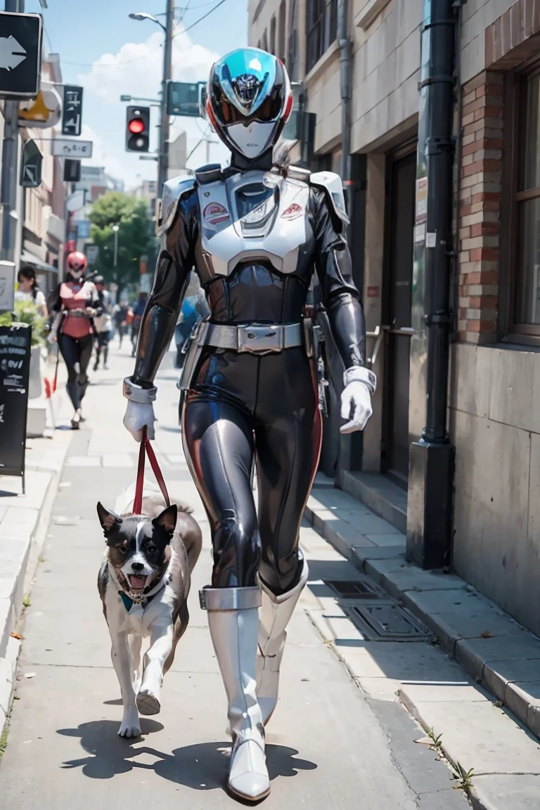 Une belle journée ensoleillée et un bébé promenant son chien.. Le bébé est une image cinématographique très réelle. Les parents de l&#39;enfant viennent juste derrière eux.., power costume, powerranger, costume, vitesse, (Power ranger costume), détail doré, masqué,