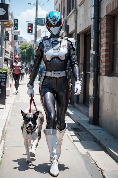 A beautiful sunny day and a baby walking his dog.. The baby is very real cinematic image. The child's parents come right behind ...