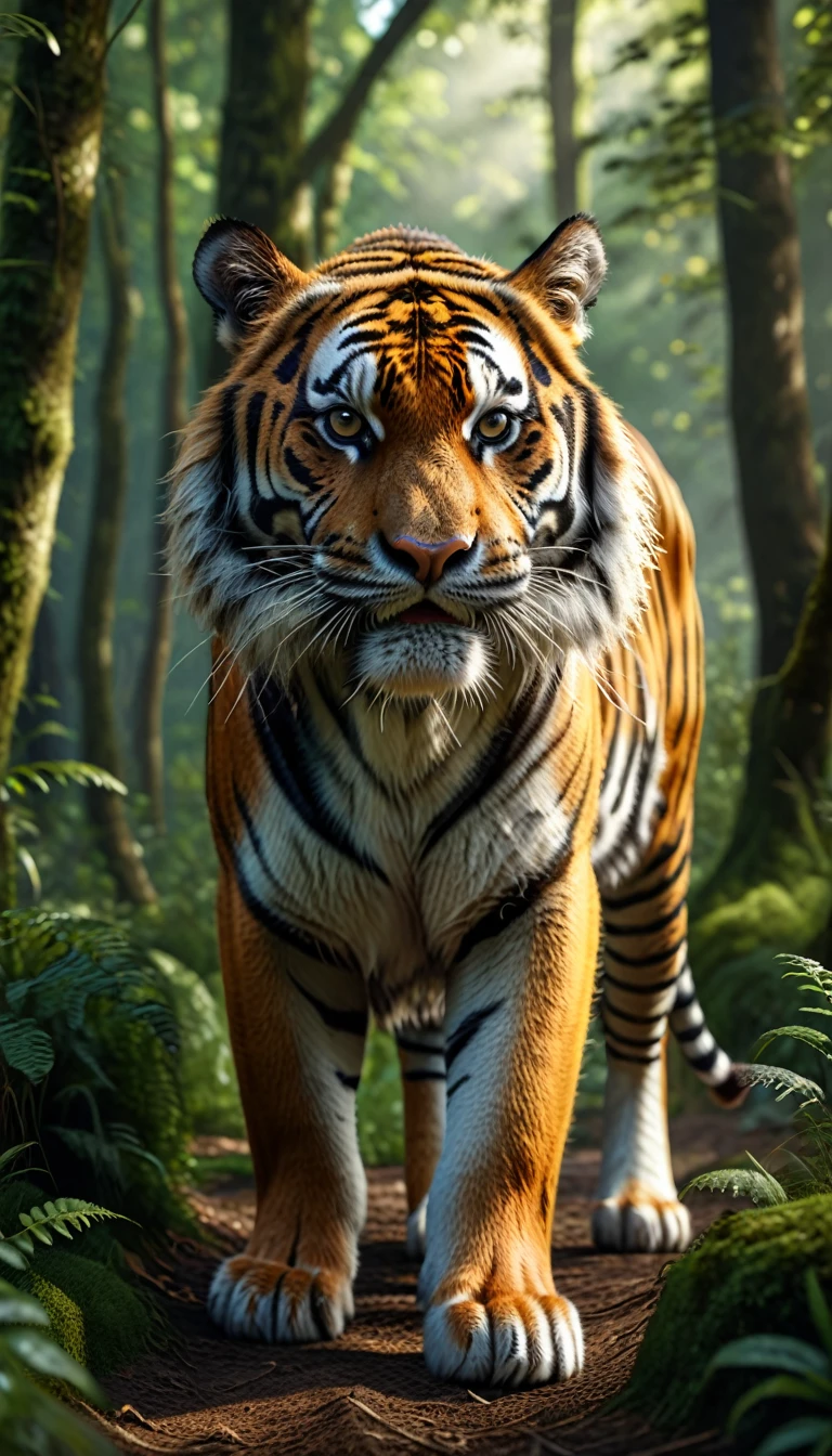 Im Wald gibt es ein wildes Tier，Tigerform，Der Schwanz der Kuh（beste Qualität，4K，8K，Hohes Level，Meisterwerk：1.2），Extrem detailliert，（Lebensecht，Foto Real，Foto Real：1.37），Sehr detaillierte Tiere，realistische Beleuchtung，Fantasiewesen