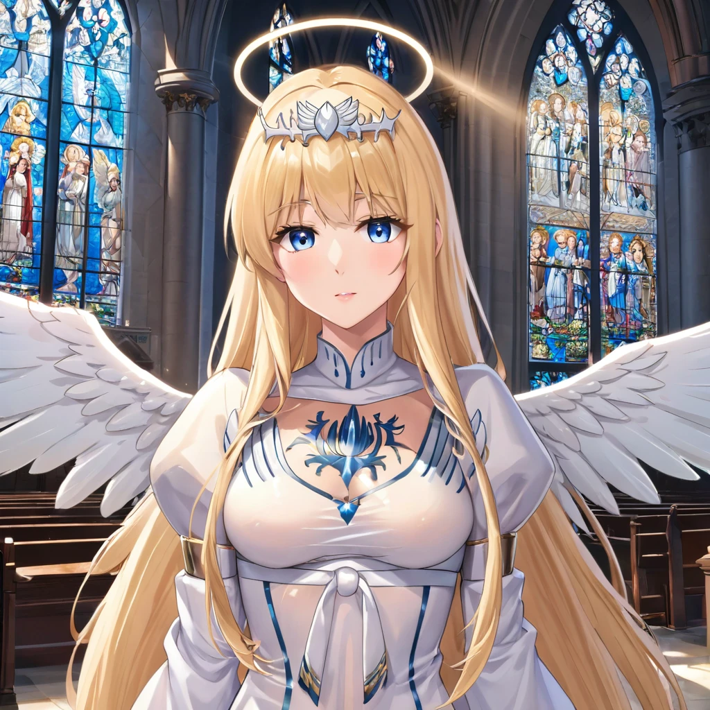 1angel,solo, calca, blonde hair, ,( extremely long hair:1.3), very long hair, extra long hair, white tiara, white dress, blue eyes,Calca Bessarez, medium breast,Calca, indoor, church, cathedral, stained glass, close up, upper body, very large white wings, angel feature wings, halo