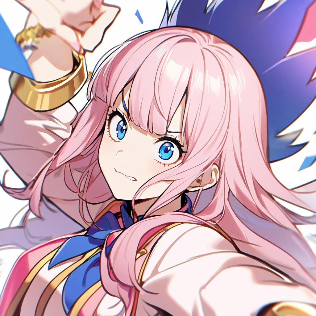 1 girl in the style of Boku no Hero, light pink hair, long hair, hair with blue tips, clear blue eyes, pink heroine uniform, gold bracelets,White background,half smile, tilted face,dynamic pose 