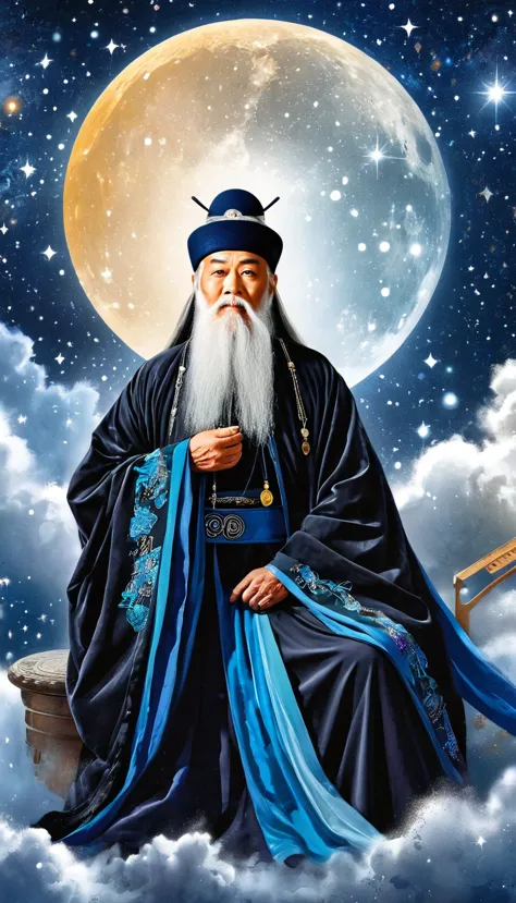 oriental fortune teller，the old immortal on the top of the stars，elders，white beard and long white eyebrows，（wear an official ha...