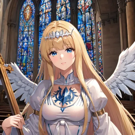 1angel,solo, calca, blonde hair, ,( extremely long hair:1.3), very long hair, extra long hair, white tiara, white dress, blue ey...