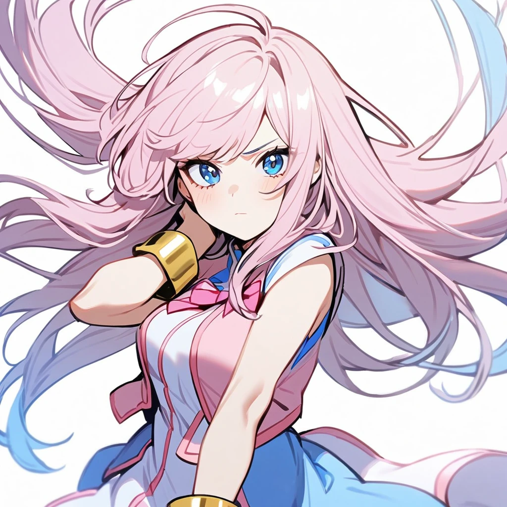 1 girl in the style of Boku no Hero, light pink hair, long hair, hair with blue tips, clear blue eyes, pink heroine uniform, gold bracelets,White background,half smile, tilted face