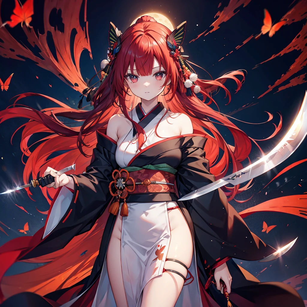 ((((knife))))　(((Redhead　Long Hair　Black kimono　red band　Goddess of victory)))　((Red butterfly　night　Japanese style　shoulder　old))　(moon　star　autumn)　Shining Edge　Shining Background