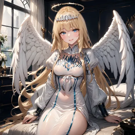 masterpiece,ultra-detailed,best quality,8k,illustration,clean skin ,shiny hair,
 1angel,solo, calca, blonde hair, ,( extremely l...