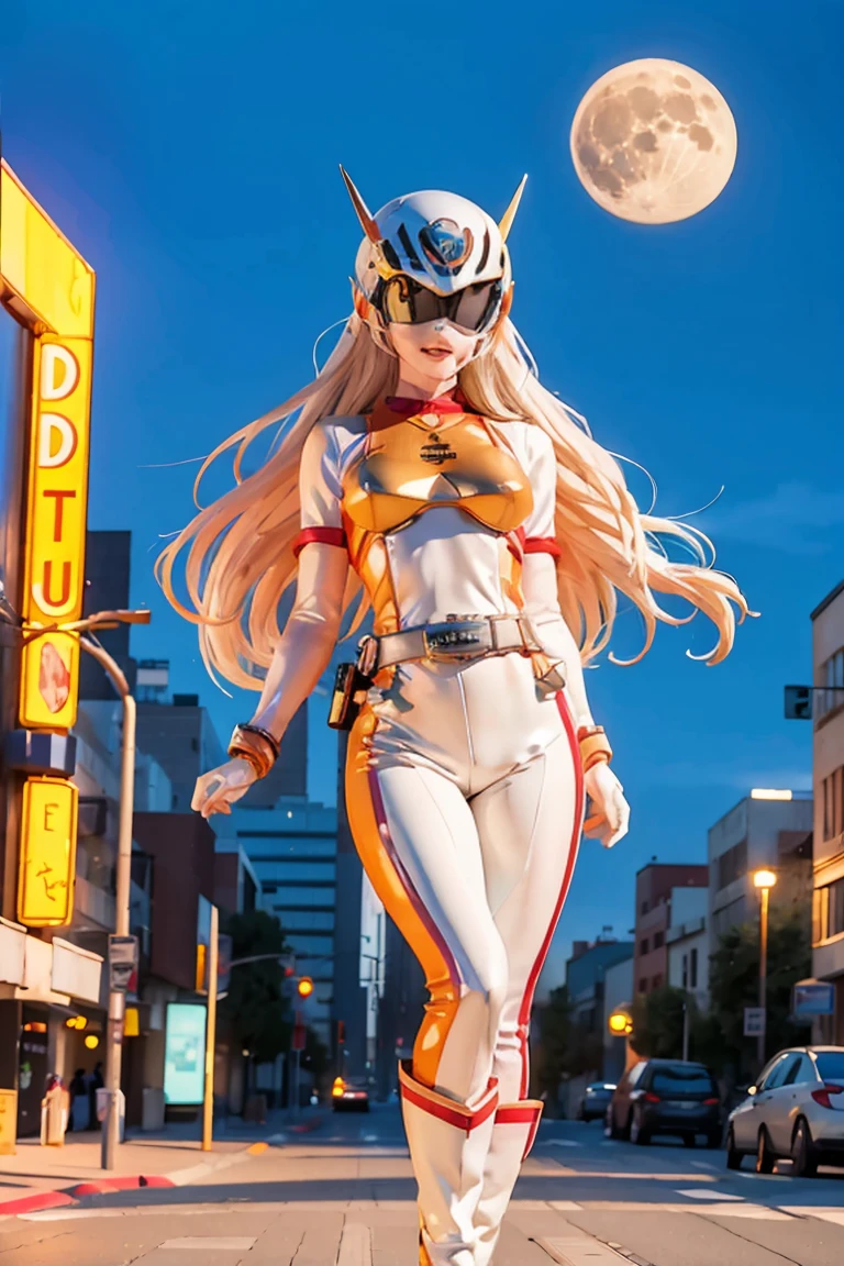 (Masterpiece, 4K resolution, ultra-realistic, highly detailed), (White costume superhero theme, charismatic, girl on top of the city, wearing white Spider-Man costume, superheroine), [((2), (long white hair:1.2), full-body, (blue eyes:1.2), (Spider-Man dynamic poses) ((gritty urban environment):0.8)| (urban landscape, nighttime, dynamic lights), (full moon))]., power suit, powerranger, suit, spd, (Power ranger suit), gold detail, masked, chibi, blind box,