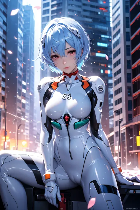 (realistic, photorealistic), ayanami, one girl, blue short hair, white hair ornament, (underwear), sit on the ground, noon、build...