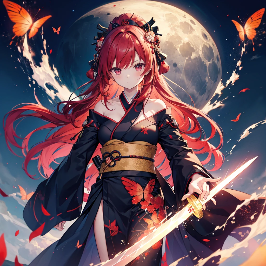 ((((Grasp the sword　1 person))))　(((Redhead　Long Hair　Black kimono　red band　Goddess of victory)))　((Red butterfly　night　Japanese style　shoulder　old))　(moon　star　autumn)　Shining Edge　Shining Background