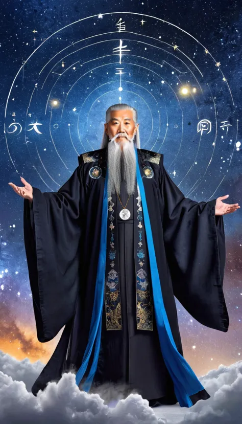 oriental fortune teller，the old immortal on the top of the stars wears a tall hat，elders，white beard and long white eyebrows，bla...