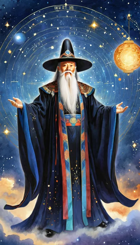 oriental fortune teller，the old immortal on the top of the stars wears a tall hat，elders，white beard and long white eyebrows，bla...