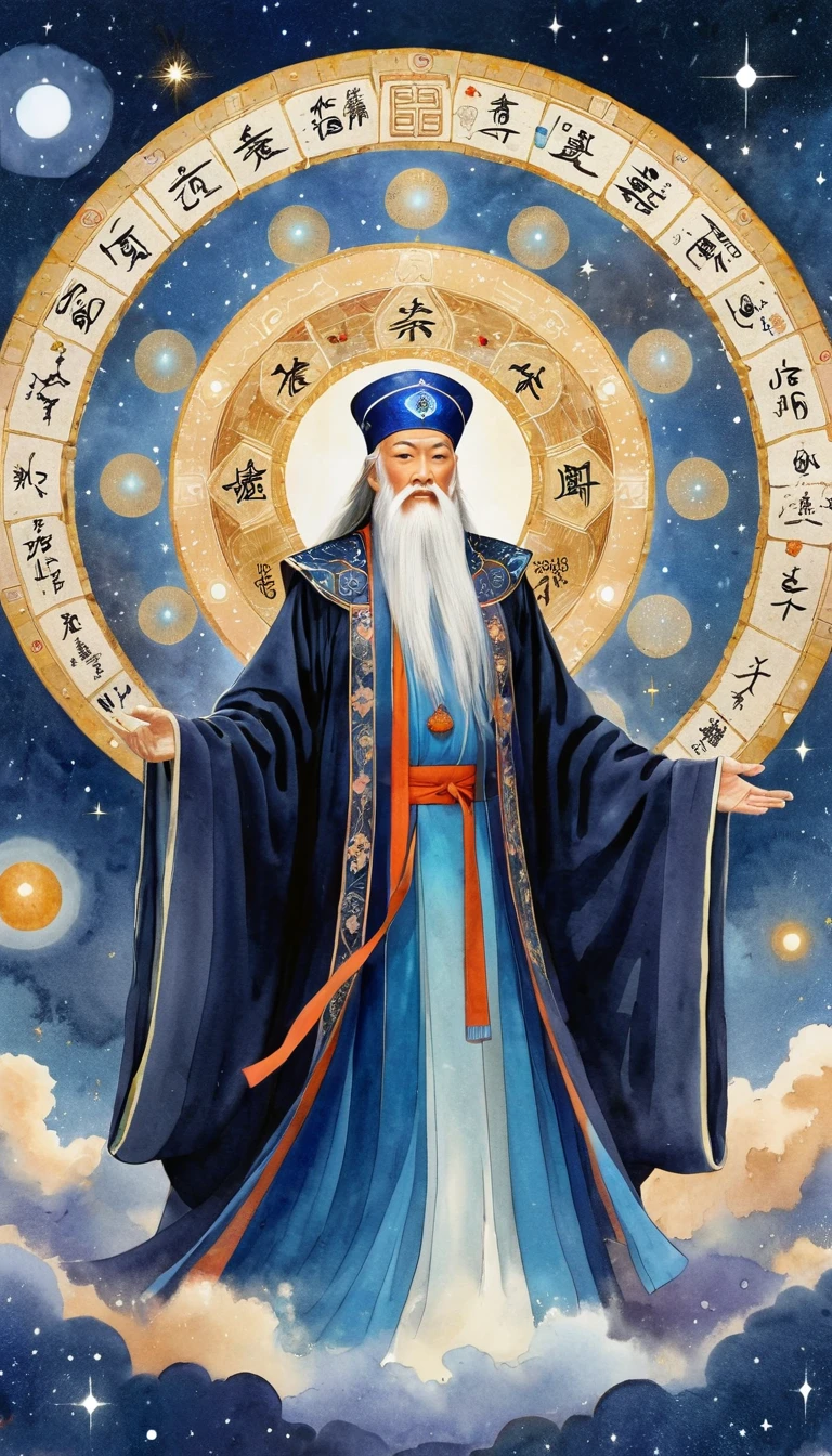 Oriental Fortune Teller，The old immortal on the top of the stars wears a tall hat，Elders，White beard and long white eyebrows，Black loose hanfu robe，Open your arms，Looking at the stars，Galaxy Tai Chi Bagua Diagram，artistic conception，large quantities of，Runes，发光Runes和星星，Dark background
