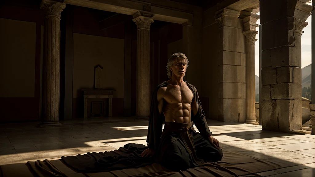 Cinematic, realistic portrayal of Pilate in his final days, solitary and contemplative, Roman villa setting, Pilate's aged and reflective demeanor, evening light, somber and peaceful atmosphere, historical details, 