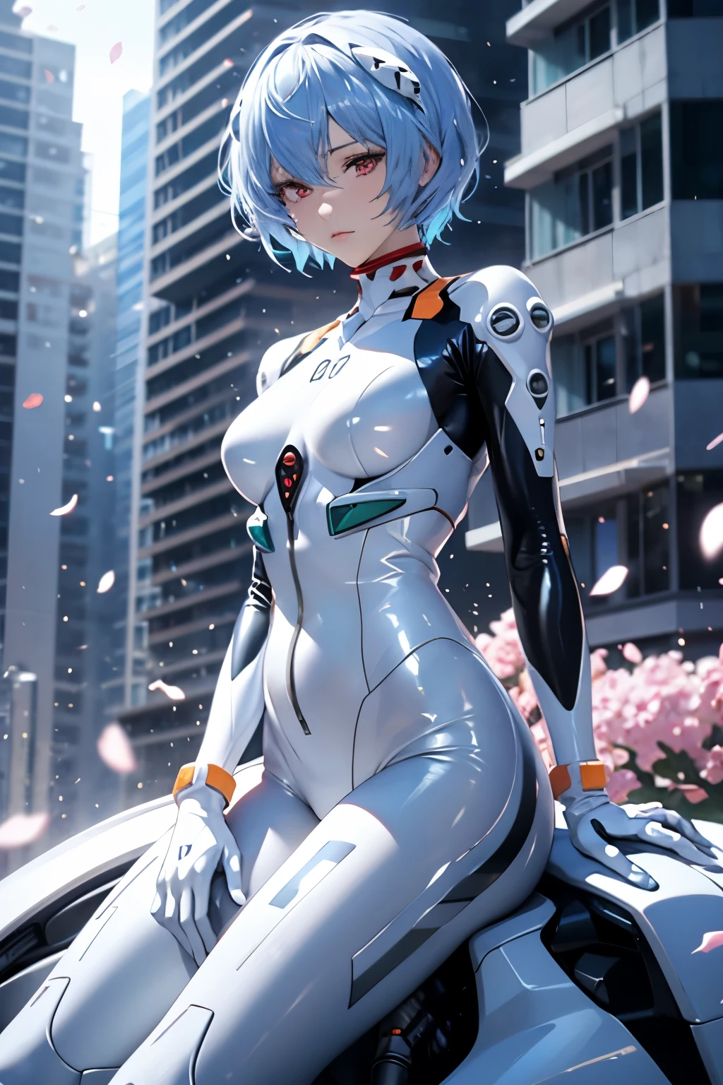 (Realistic, photoRealistic), ayanami, One Girl, Blue Short Hair, White hair ornament, (underwear), Sit on the ground, noon、Sexy pose、Buildings、(Cowboy Shot),(Tabletop, high quality, 最high quality), (colorful),(Delicate eyes and face), Volumetric Light, Ray Tracing, Highly detailed CG Unity 8k wallpaper,alone、((Fluttering petals)),Outdoor, ((cyber punk)), Cyber City, ((Neon Trim)),frontage,(Spread your legs)