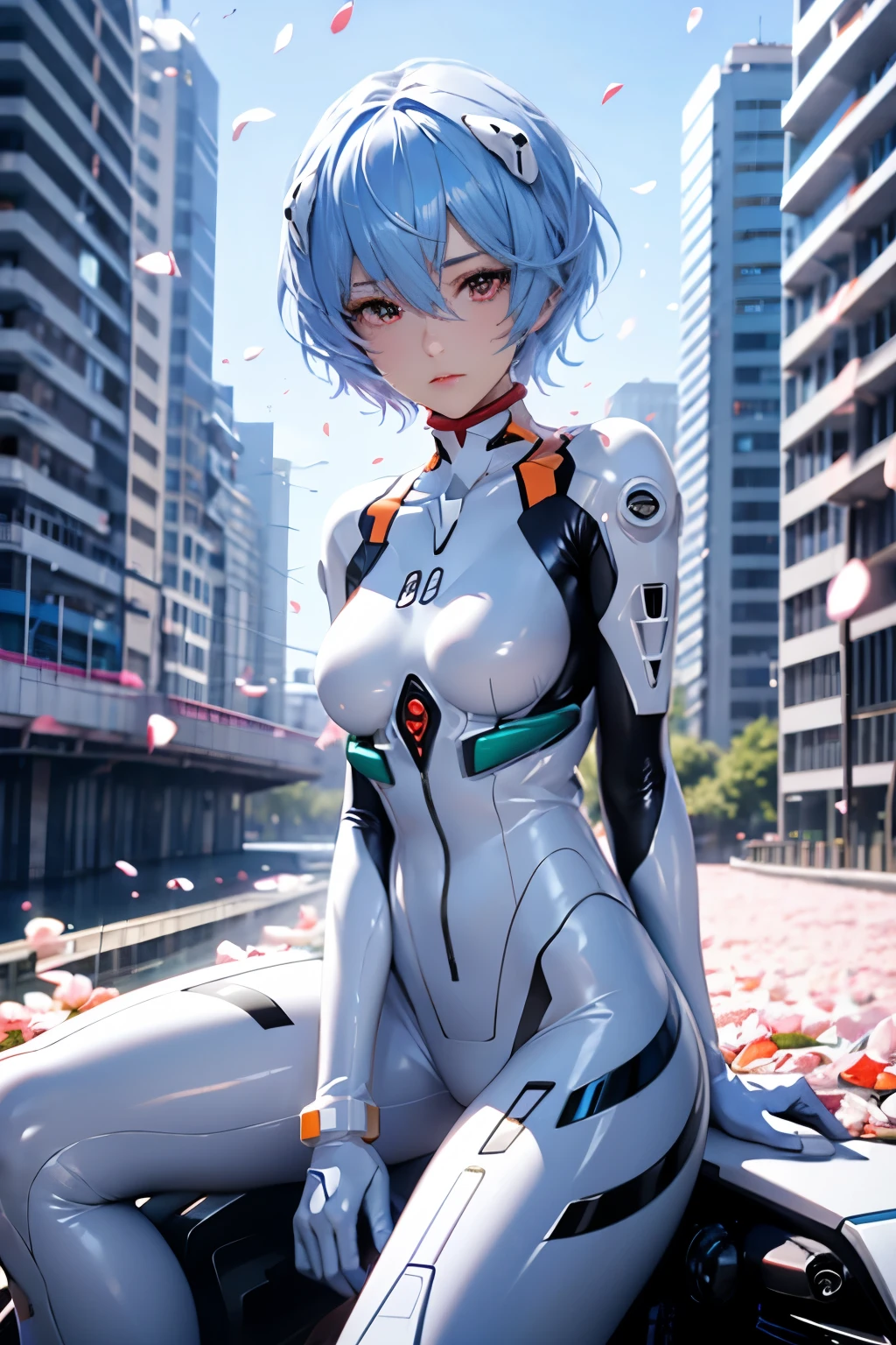 (現実的, photo現実的), ayanami, 一人の女の子, ブルーショートヘア, 白い髪飾り, (下着), 地面に座る, 正午、セクシーなポーズ、建物、(カウボーイショット),(テーブルトップ, 高品質, 最高品質), (カラフル),(繊細な目と顔), ボリュームライト, レイトレーシング, 非常に精細なCG Unity 8K壁紙,一人で、((舞い散る花びら)),屋外, ((サイバーパンク)), サイバーシティ, ((ネオントリム)),間口,(足を広げて)