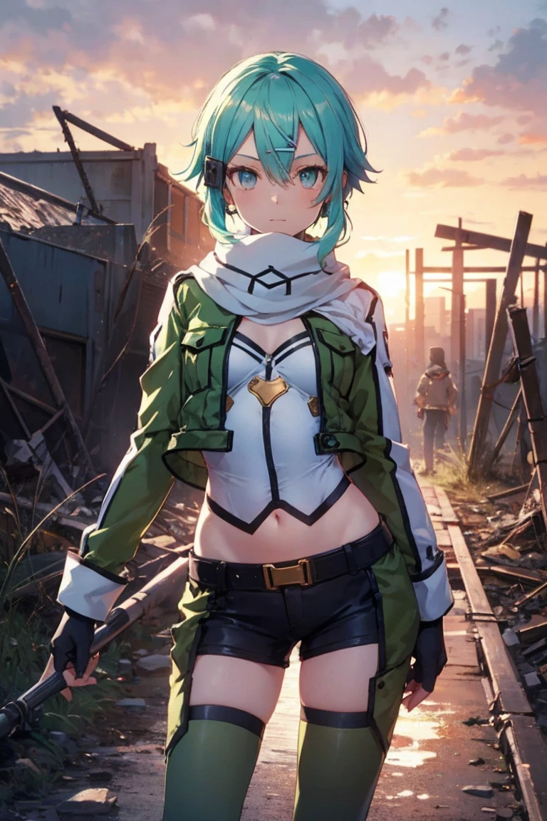 (masterpiece), best quality, expressive eyes, perfect face, highres, sinon1, scarf, fingerless gloves, long sleeves, short shorts,groin, hair ornament, hairclip, green thighhighs, green jacket,covered_nipples, thigh strap, field, sunset_ruins background, ruined structures, dynamic_posing, looking at the viewer, ,covered_navel,