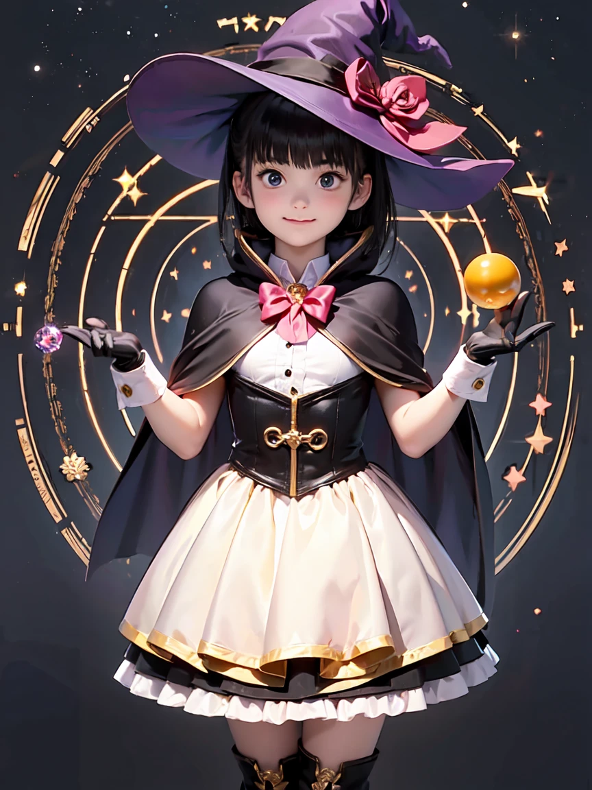 (masterpiece, Highest quality:1.1), (astrologer), upper body, 1 Girl, alone, witch hat, gloves, dress, (Long skirt)、Frills, boots, Cape,  witch, Blunt bangs, Black Hair, Crystal Ball, magic circle, Shining Star, meteor, universe, magical energy, Vision of the future, Prophecy,