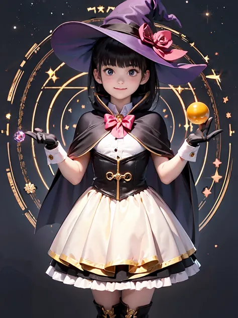 (masterpiece, highest quality:1.1), (astrologer), upper body, 1 girl, alone, witch hat, gloves, dress, (long skirt)、frills, boot...